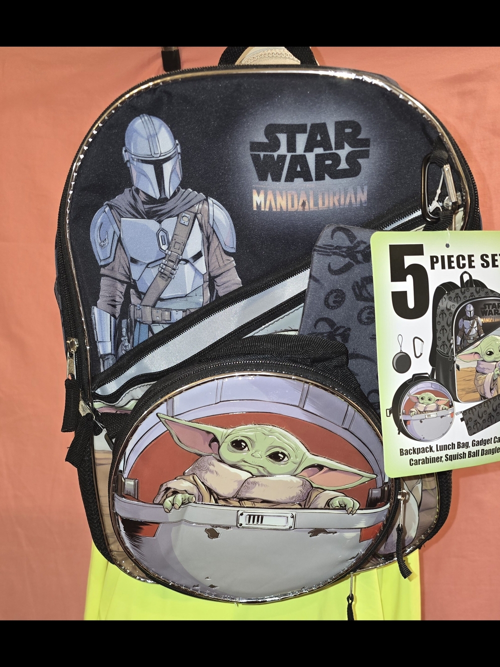 Star Wars Mandalorian Kids Backpack with Grogu Artwork - Black, Green, Gray
